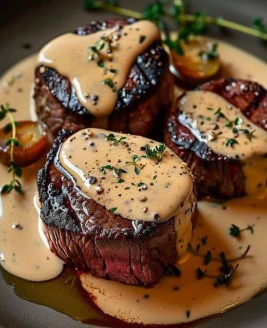 Filet Mignon Braised with Creamy Shallot and Peppercorn