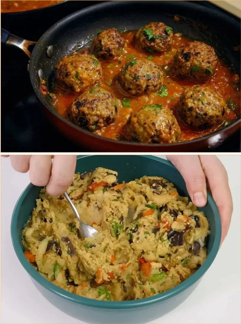 Albóndigas de berenjena servidas con salsa en un plato colorido
