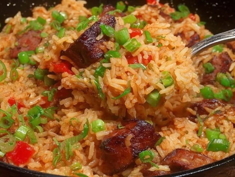 Plato de Arroz con Panceta recién preparado y servido