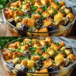 Plato de berenjenas al horno doradas y sazonadas, ideales para una comida saludable.