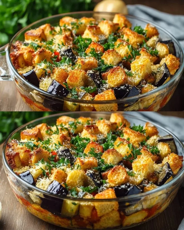 Plato de berenjenas al horno doradas y sazonadas, ideales para una comida saludable.