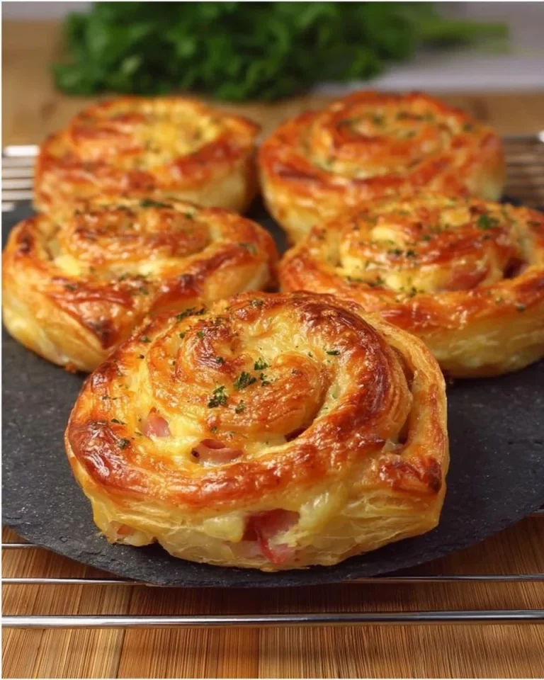 Caracolas de masa hojaldre salada rellenas de jamón y queso
