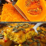 Cazuela de calabaza recién hecha con ingredientes frescos y coloridos