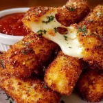 Palitos de mozzarella crujientes caseros recién horneados con salsa.