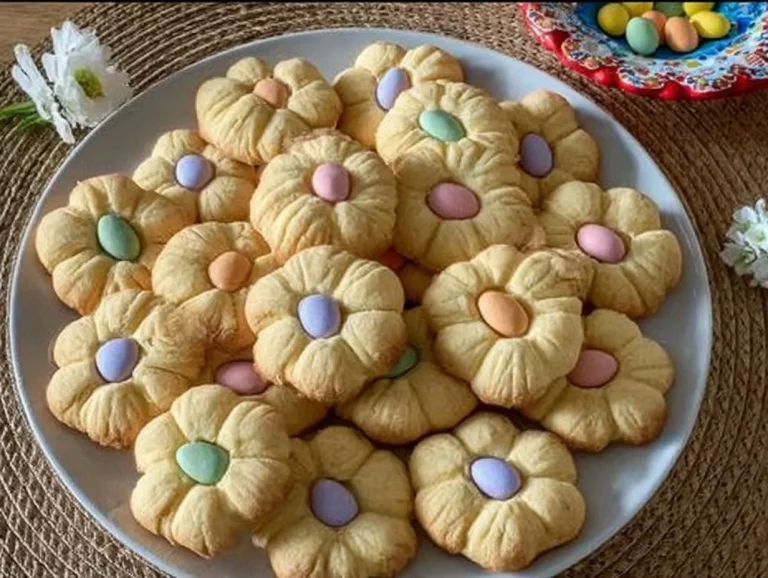 Galletas de mantequilla decoradas con flores de primavera en una bandeja