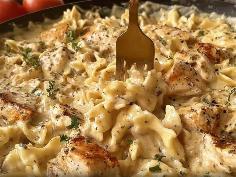 Pasta con Pollo, Ajo y Parmesano en un plato gourmet