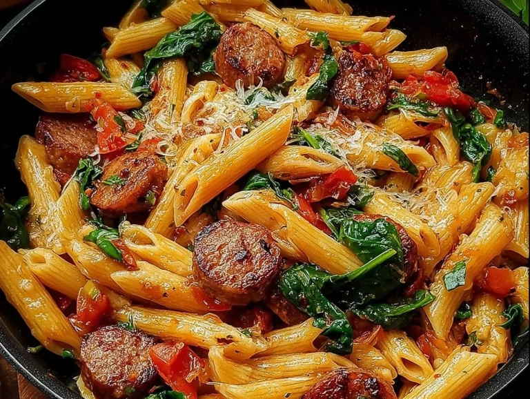 Plato de Pasta con Salchicha Cajún con especias y hierbas frescas