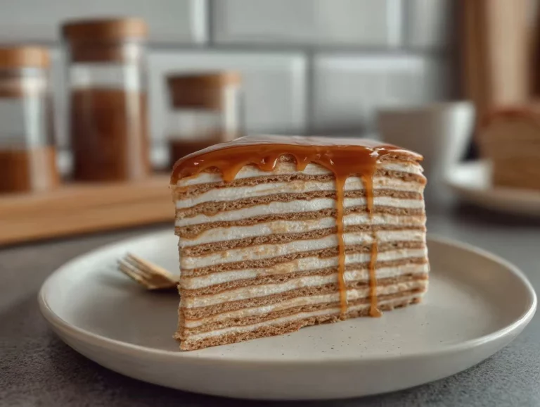 Pastel de crepes de vainilla y speculoos en un plato
