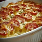 Patatas al horno a la mafia con nata, salchicha y queso en un plato atractivo