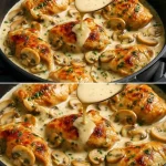 Plato de pollo con champiñones cremosos servido en un tazón