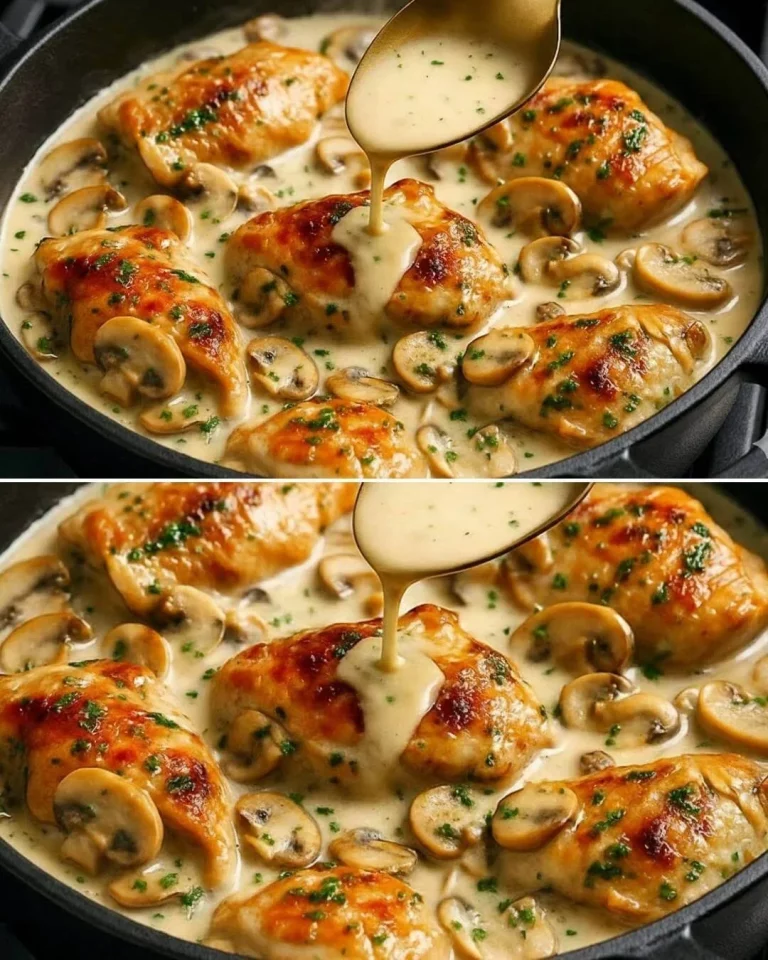 Plato de pollo con champiñones cremosos servido en un tazón