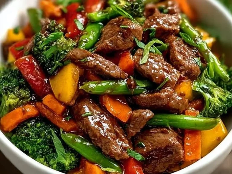 Salteado de carne con verduras frescas en un plato colorido