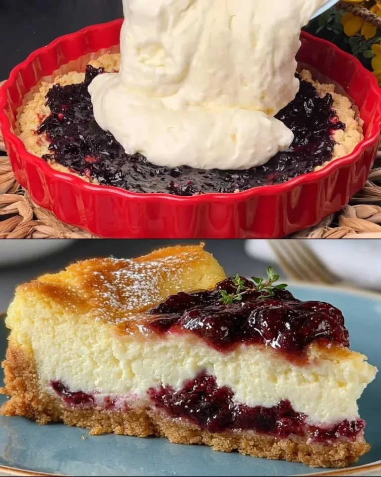 Tarta de queso con mermelada de bayas sobre un plato blanco