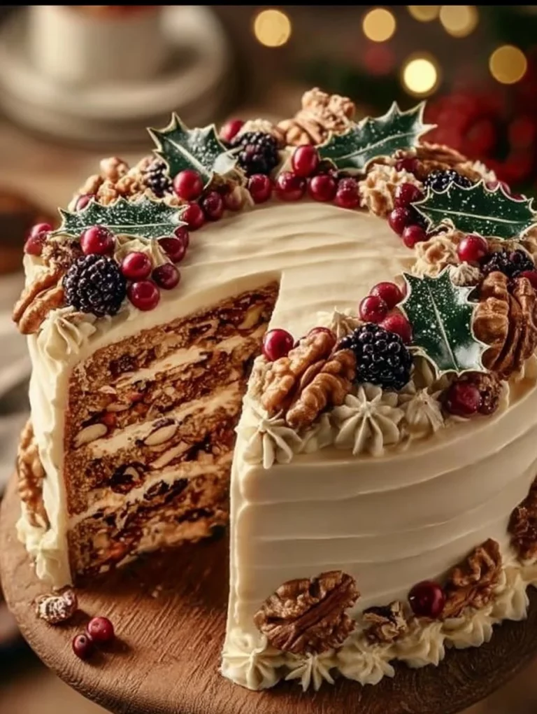 Cake de Navidad al estilo Jamie Oliver decorado y servido en una mesa festiva