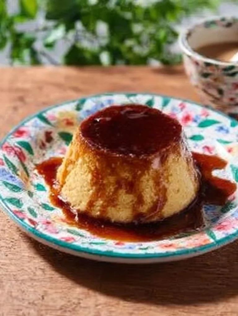 Flan de caramelo brillante y cremoso en un plato decorativo