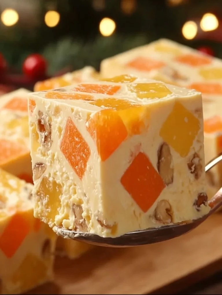 Gelatina de zanahoria, piña y nuez en un plato decorativo