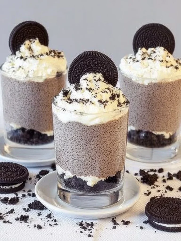 Mousse de Oreo cremosa y deliciosa en un tazón decorado con galletas Oreo.