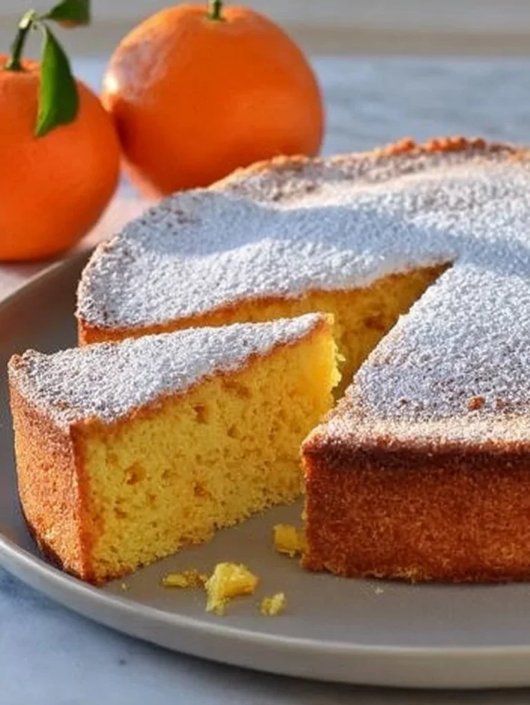 Pastel de mandarina sin harina ni lácteos sobre un plato decorado con rodajas de mandarina.