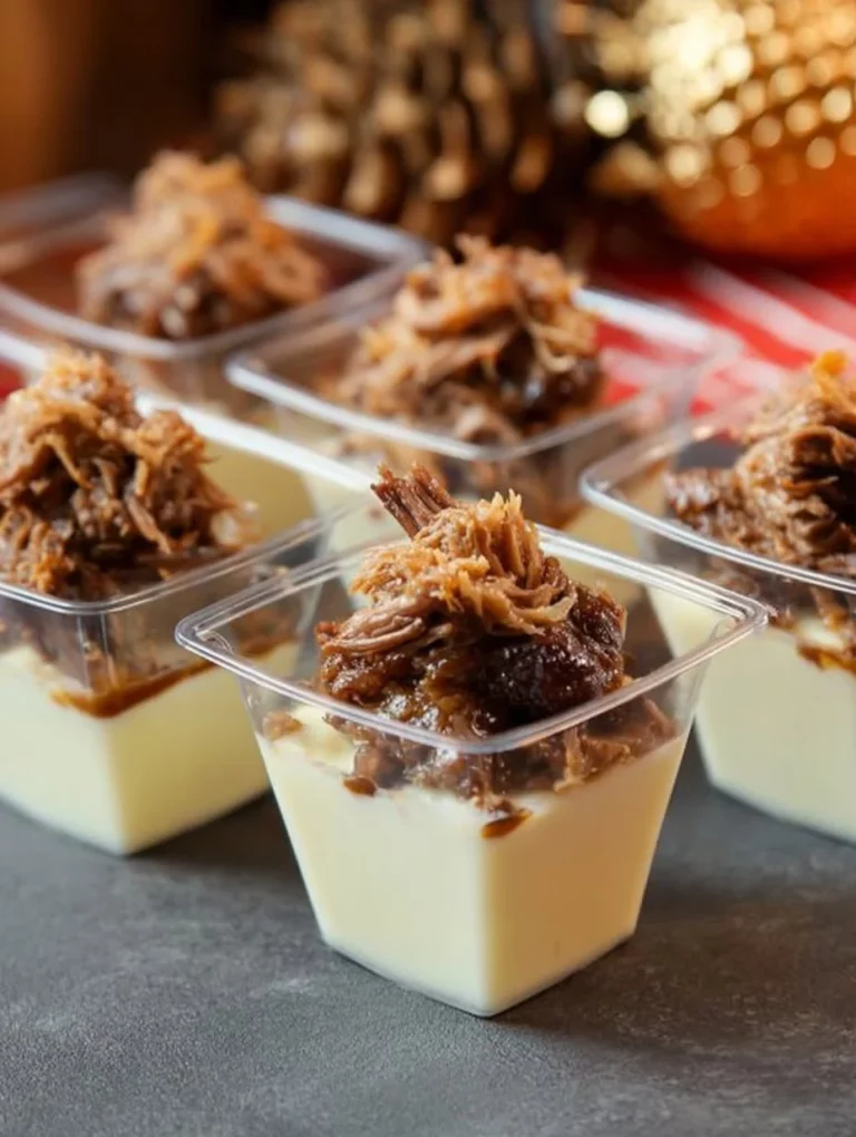 Vasos de puré de patatas con carrilleras de cerdo en vino de presentación gourmet