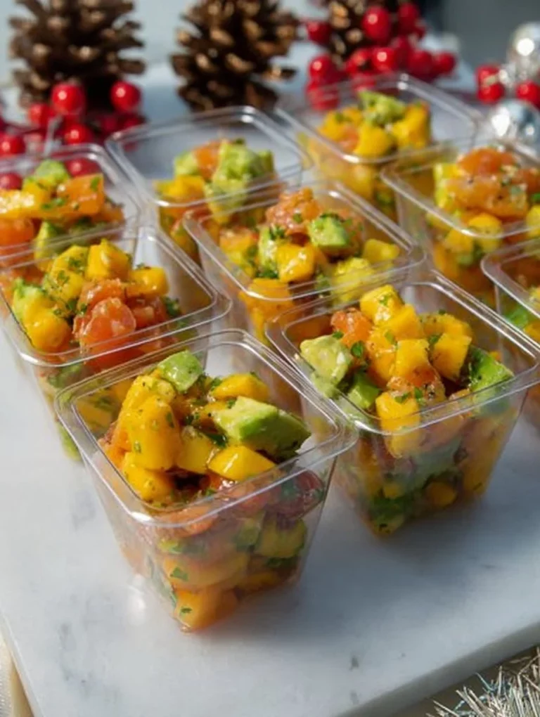 Verrines de tartare de salmón, mango y aguacate en presentación gourmet.