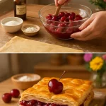 Dulce de hojaldre con cerezas recién horneado sobre la mesa.