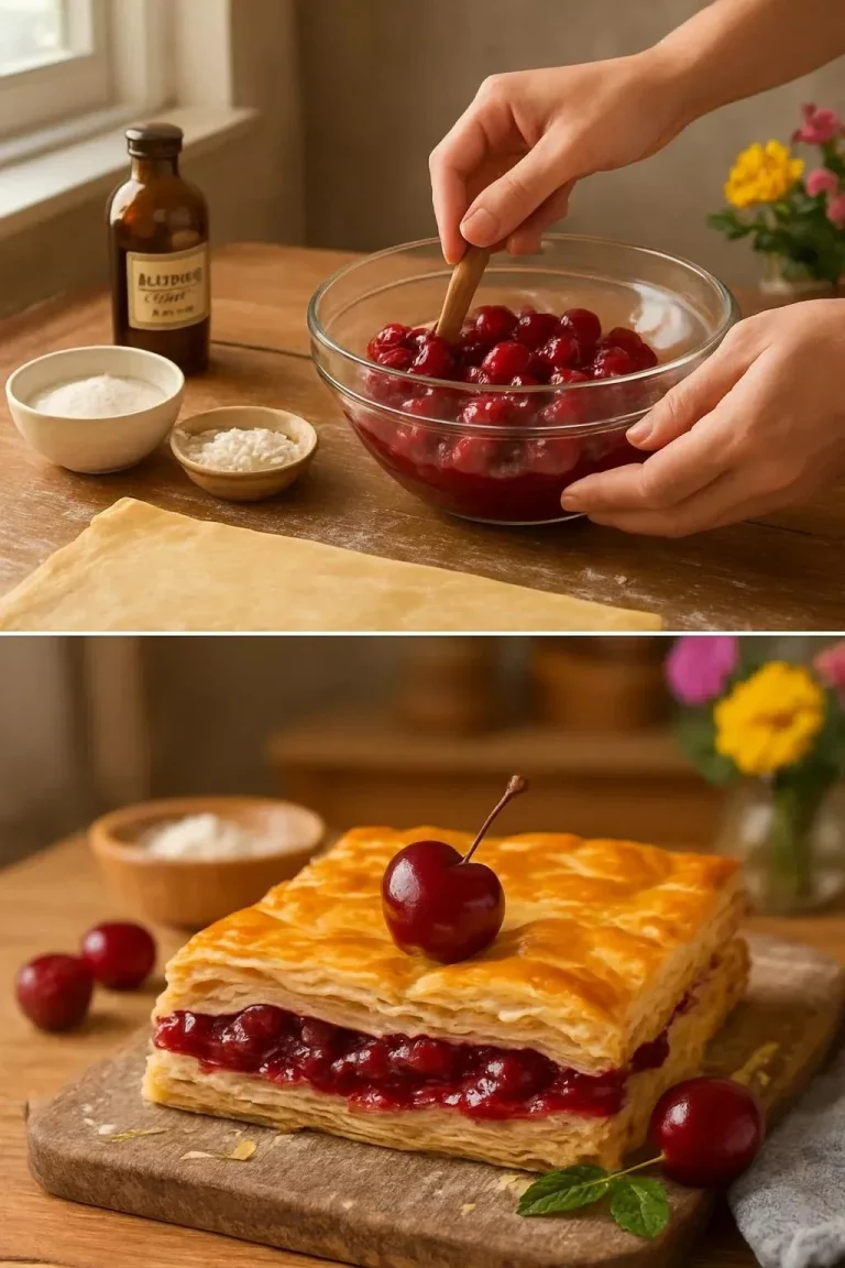 Dulce de hojaldre con cerezas recién horneado sobre la mesa.