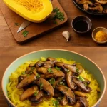 Espaguetis de calabaza servidos con salsa de champiñones y miso