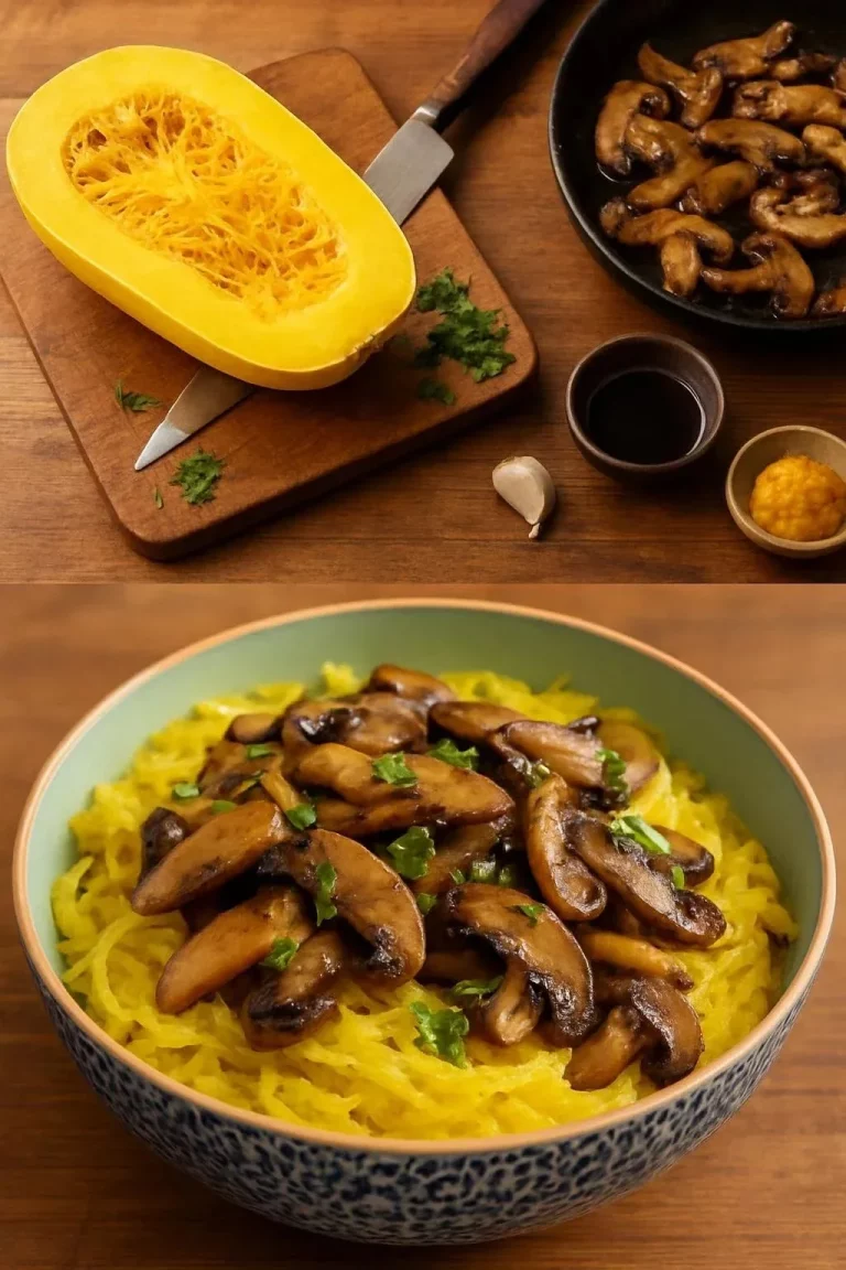 Espaguetis de calabaza servidos con salsa de champiñones y miso