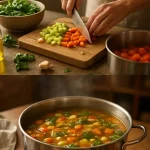 Plato de sopa minestrone lleno de verduras frescas y legumbres saludables.