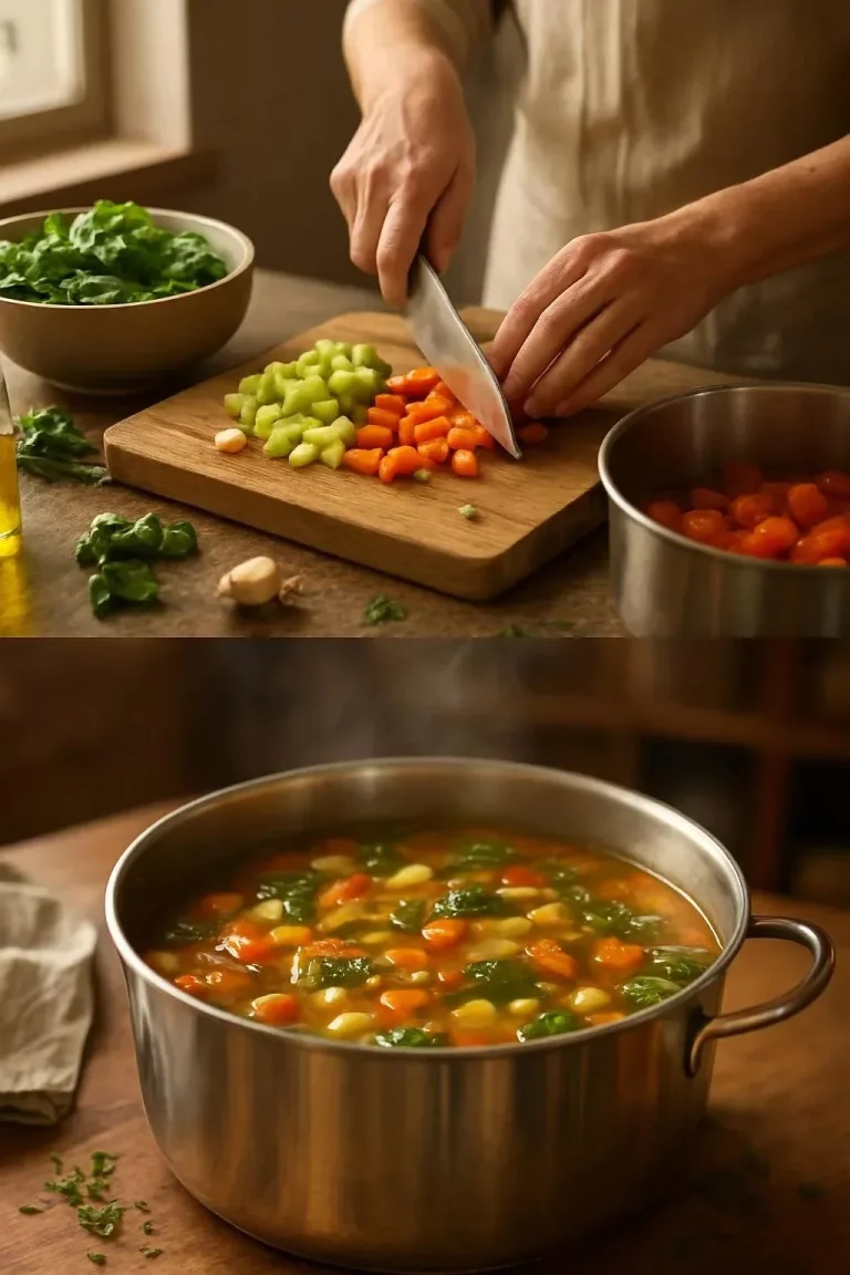 Plato de sopa minestrone lleno de verduras frescas y legumbres saludables.