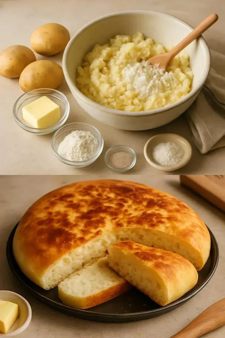 Delicioso Pan de Patata recién horneado, esponjoso y dorado.