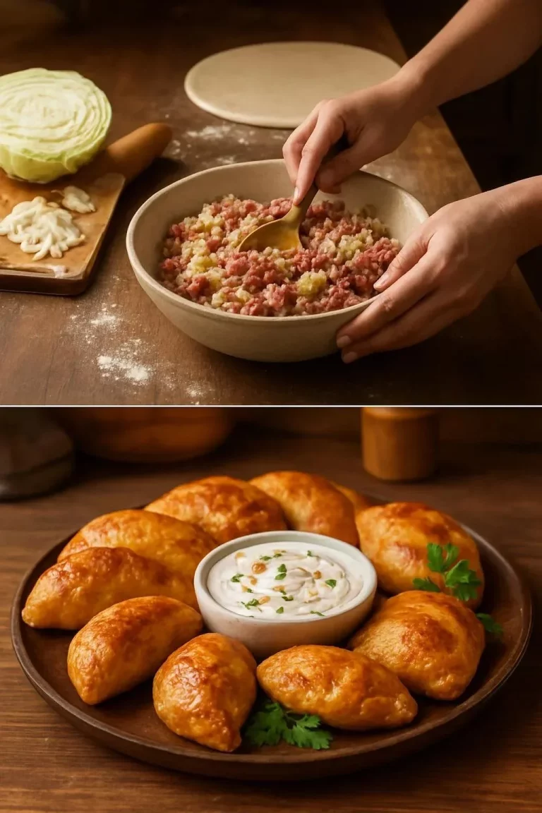 Piroshki de Carne y Col recién horneados, listos para servir.