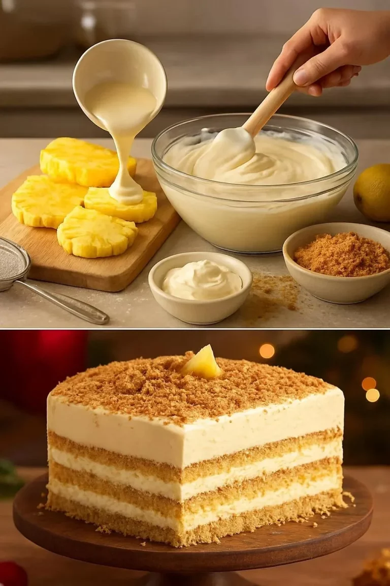 Postre navideño de piña y chocolate blanco en un plato decorativo