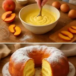 Rosco relleno de crema de limón y duraznos en almíbar