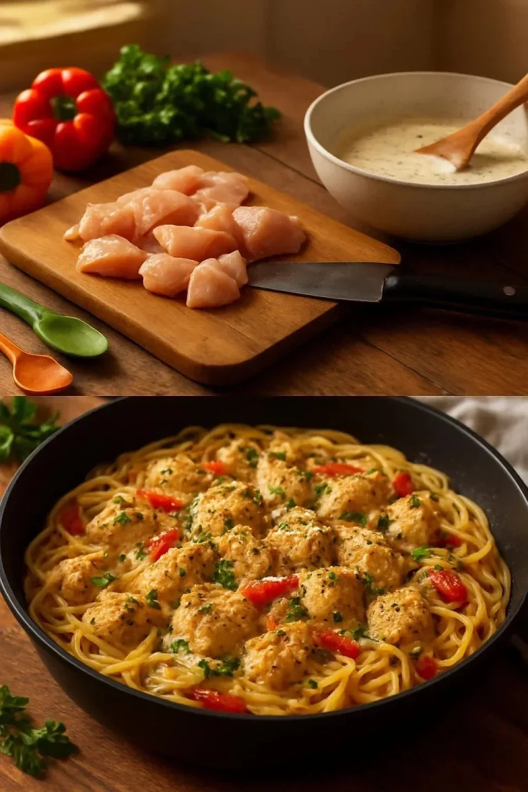 Plato de Scampi de Pollo Cremosos decorado con hierbas frescas.