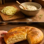 Rebanada de tarta salada de cebollas doradas y crujientes en un plato.