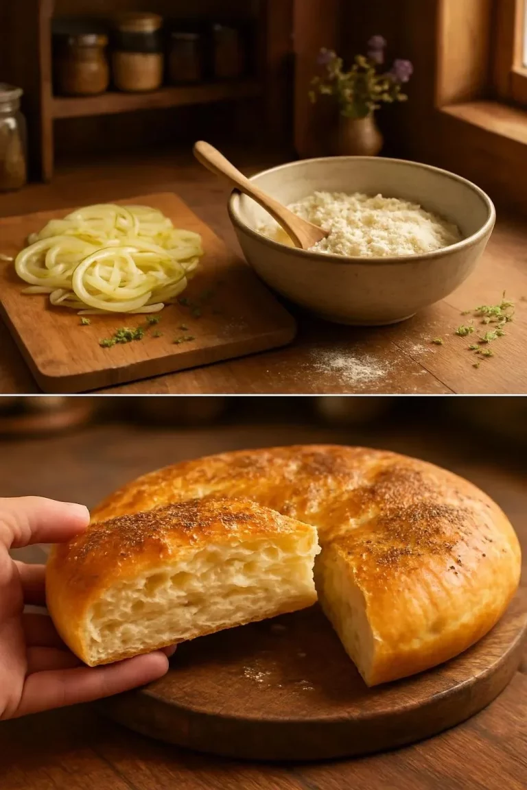 Rebanada de tarta salada de cebollas doradas y crujientes en un plato.