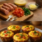 Tazas de salchicha rellenas de huevos recién preparadas en un plato