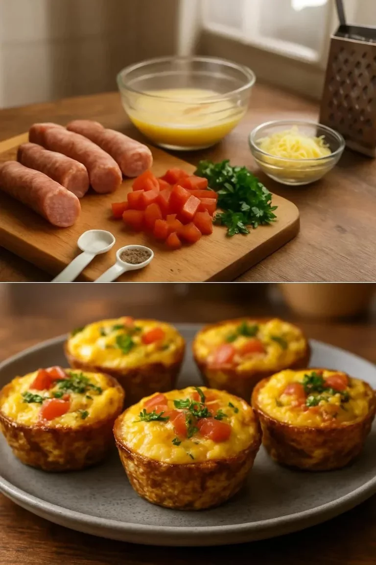 Tazas de salchicha rellenas de huevos recién preparadas en un plato