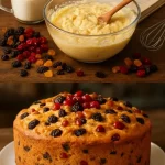 Torta de fruta confitada decorada con frutas frescas y glaseado