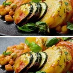 Cazuela de garbanzos y verduras preparada con frescas verduras y especias.