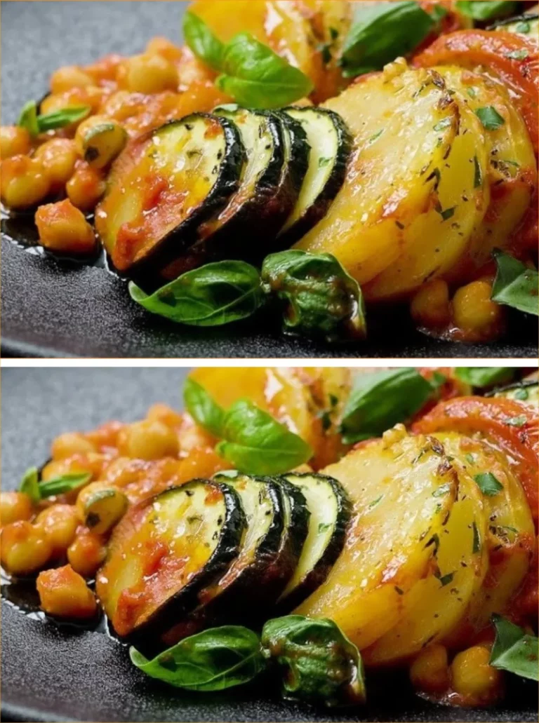 Cazuela de garbanzos y verduras preparada con frescas verduras y especias.