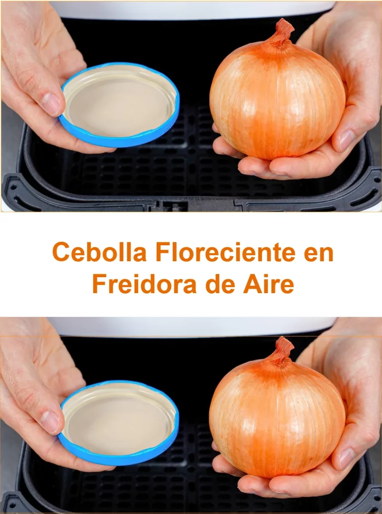 Cebolla floreciente cocinada en freidora de aire en un plato saludable.