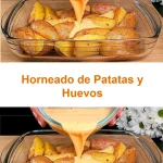 Horneado de patatas y huevos recién salido del horno, listo para servir.