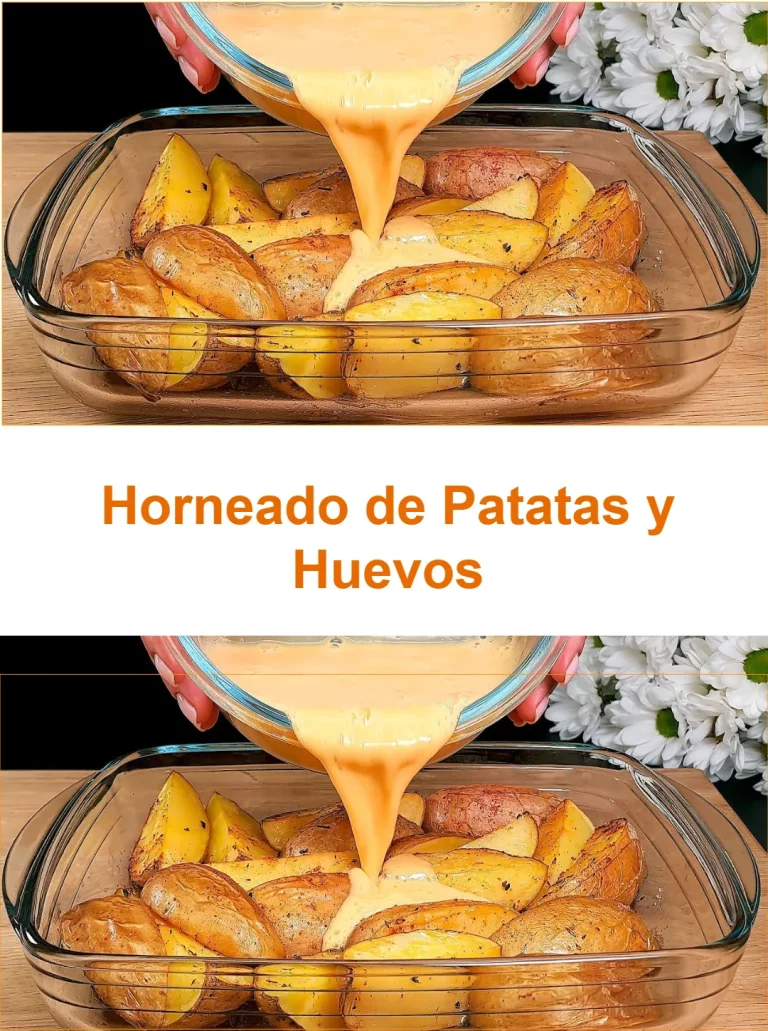 Horneado de patatas y huevos recién salido del horno, listo para servir.