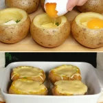 Papas al horno con huevo doradas y crujientes en un plato blanco.