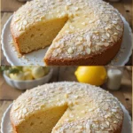 Pastel de Almendra y Limón recién horneado en plato decorativo.