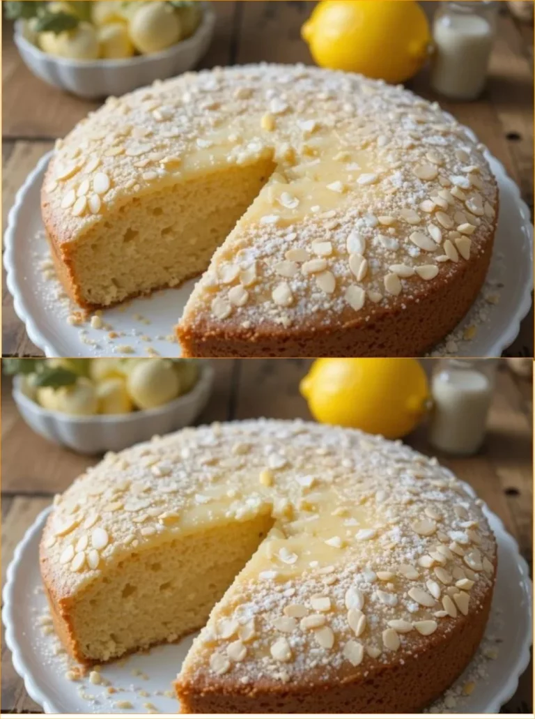 Pastel de Almendra y Limón recién horneado en plato decorativo.