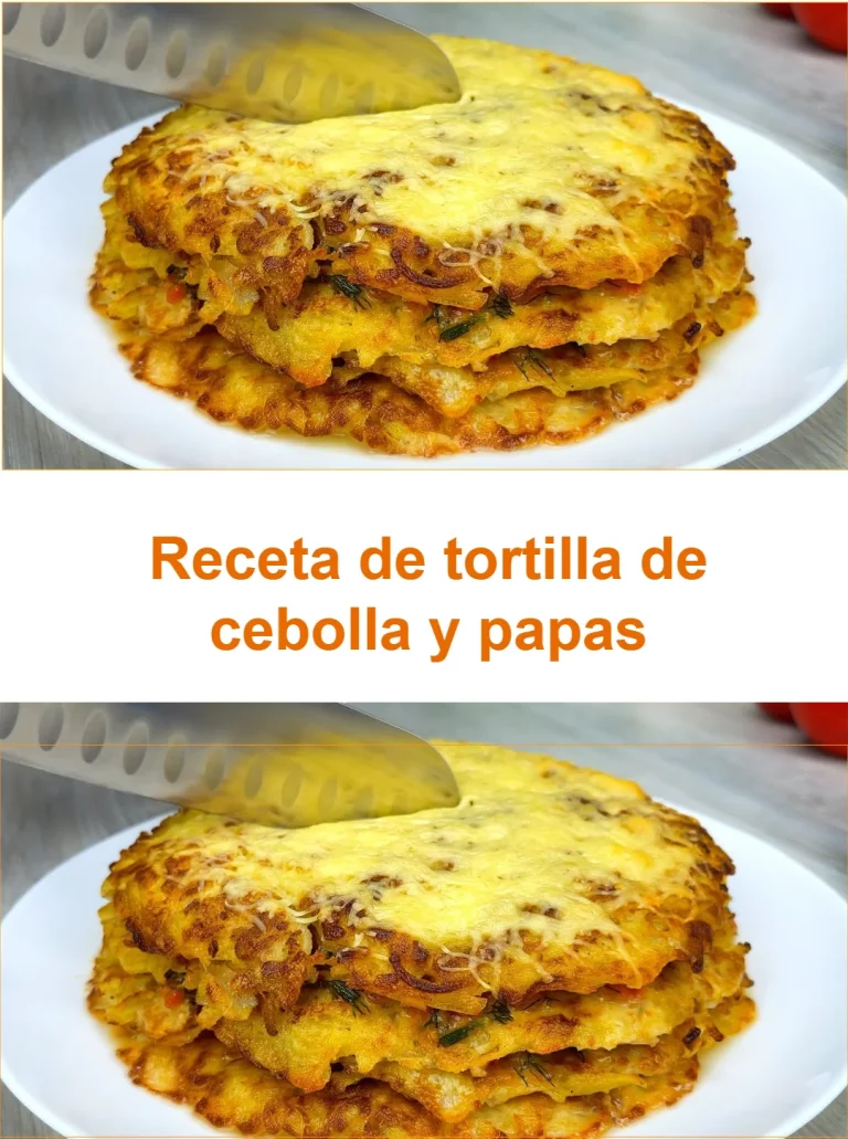 Tortilla de cebolla y papas fresca y dorada en un plato.