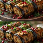 Rollos de berenjena rellenos preparados con ingredientes frescos y saludables.